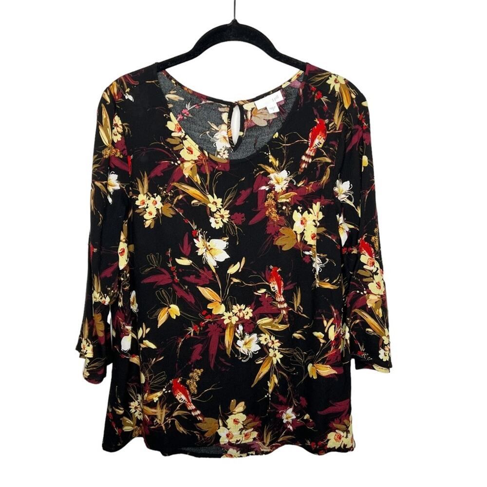 J. JILL / black red yellow floral 3/4 sleeve pullover blouse / M